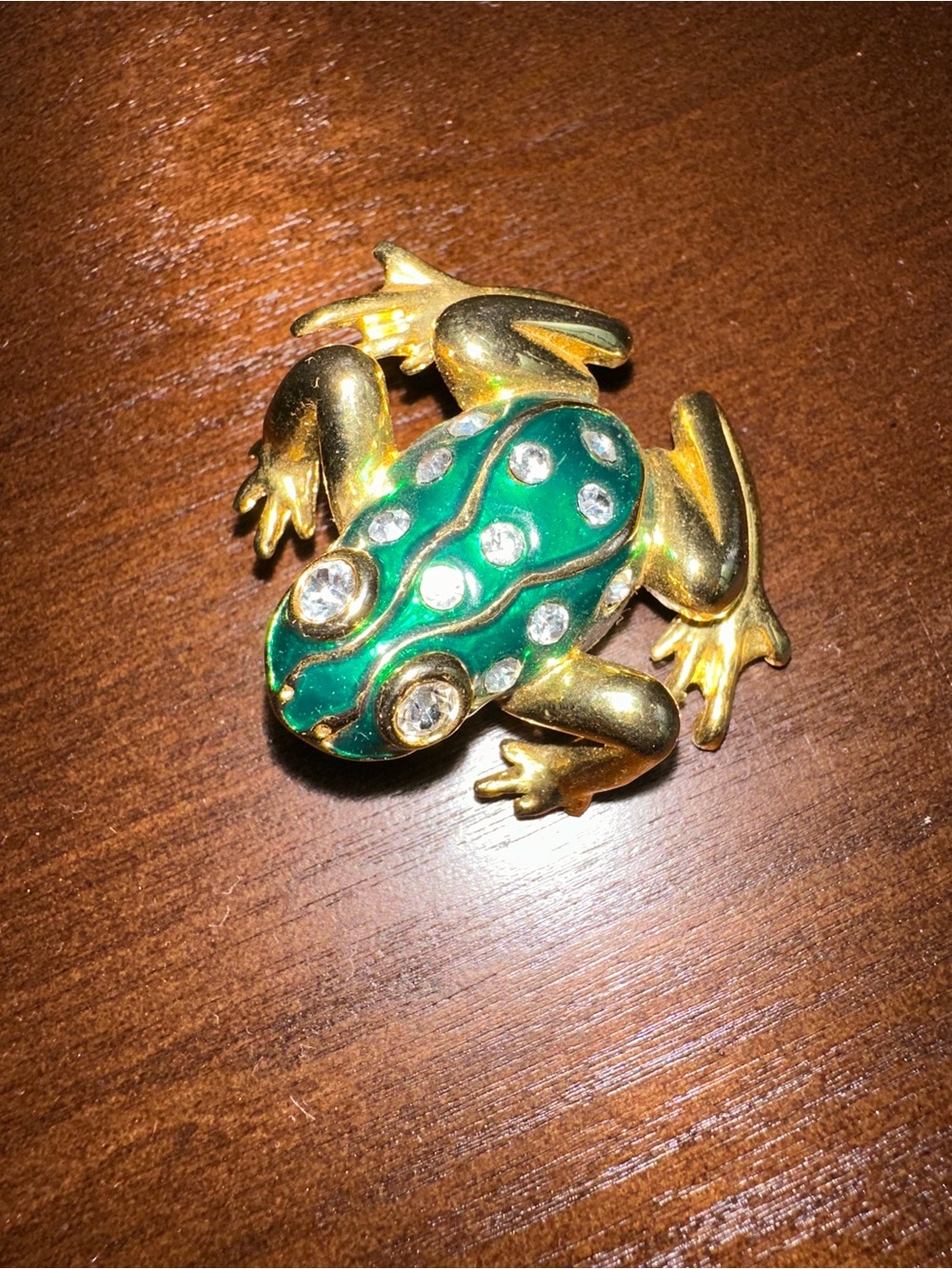 Green Enamel Frog Brooch with Rhinestones Gold Frog Brooch Pin Glittery Froggy
